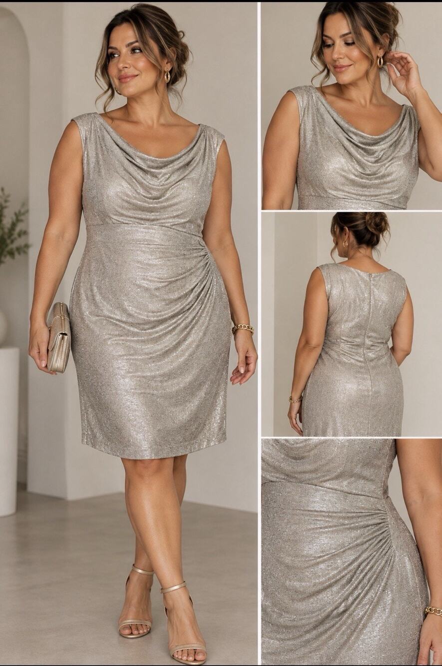 LAUREN RALPH LAUREN Metallic Champagne Faux Wrap Cowl Neck Sheath Dress 14 NYE